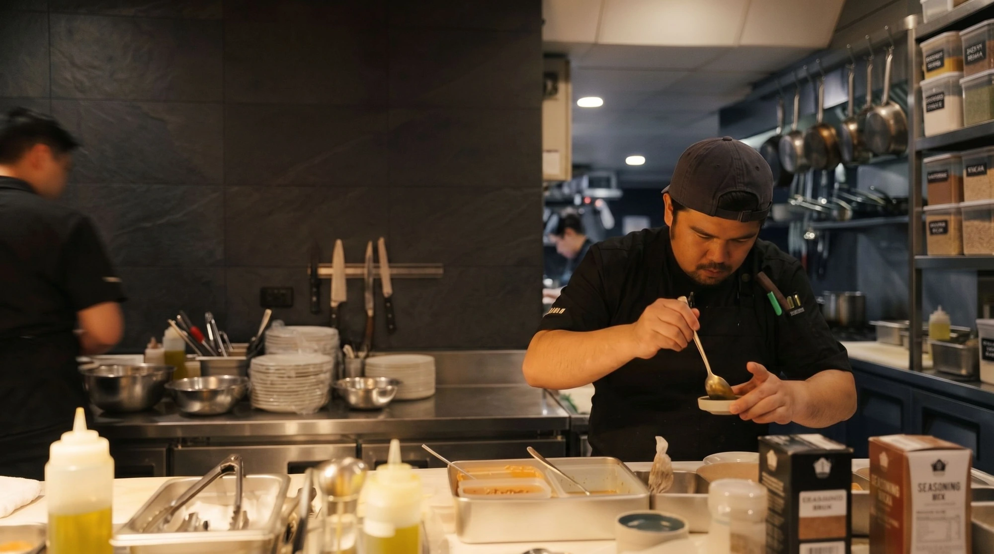 Chef spooning sauce over a dish at the kitchen pass, in soft motion blur